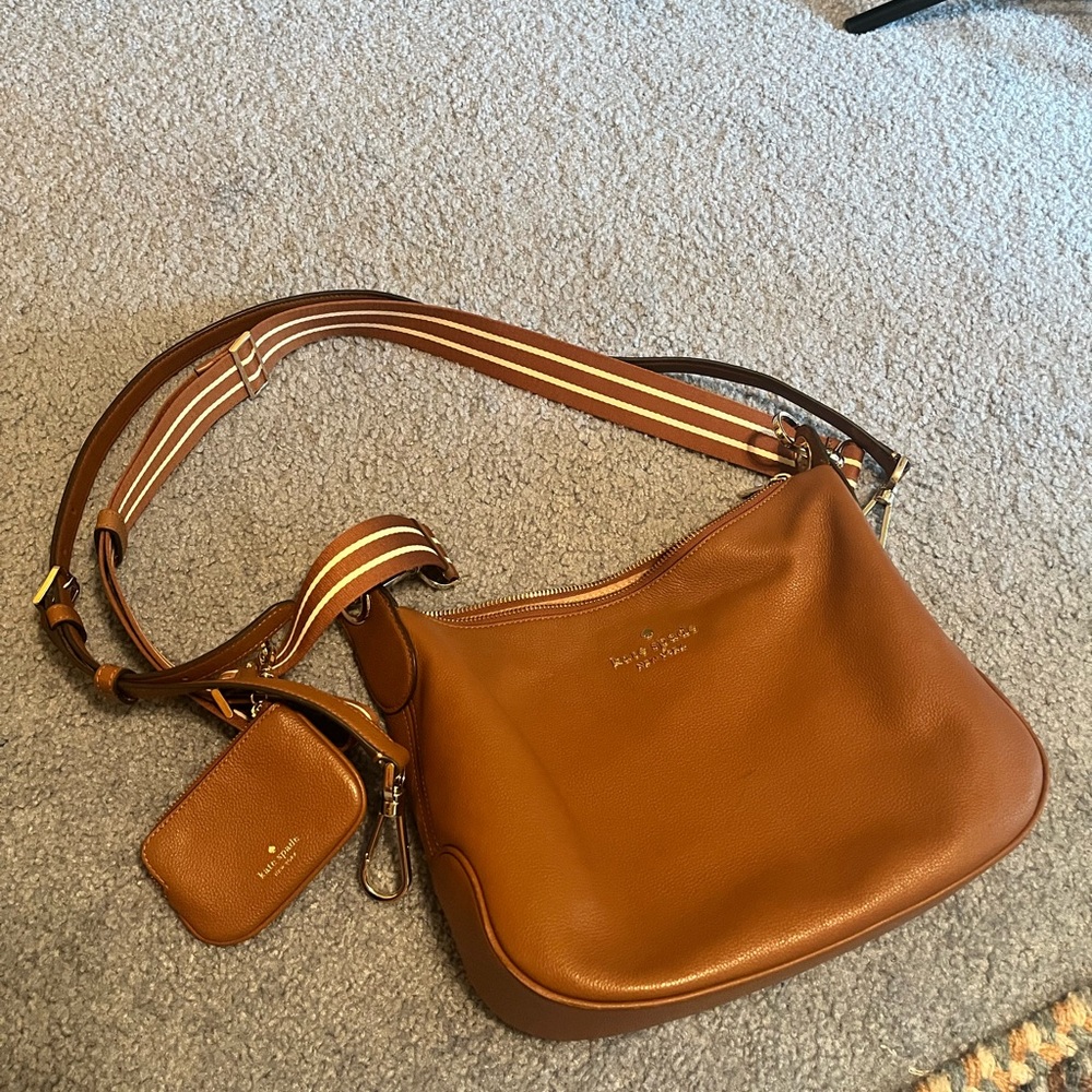 Kate Spade Tan Leather Shoulder Bag with Striped Strap
